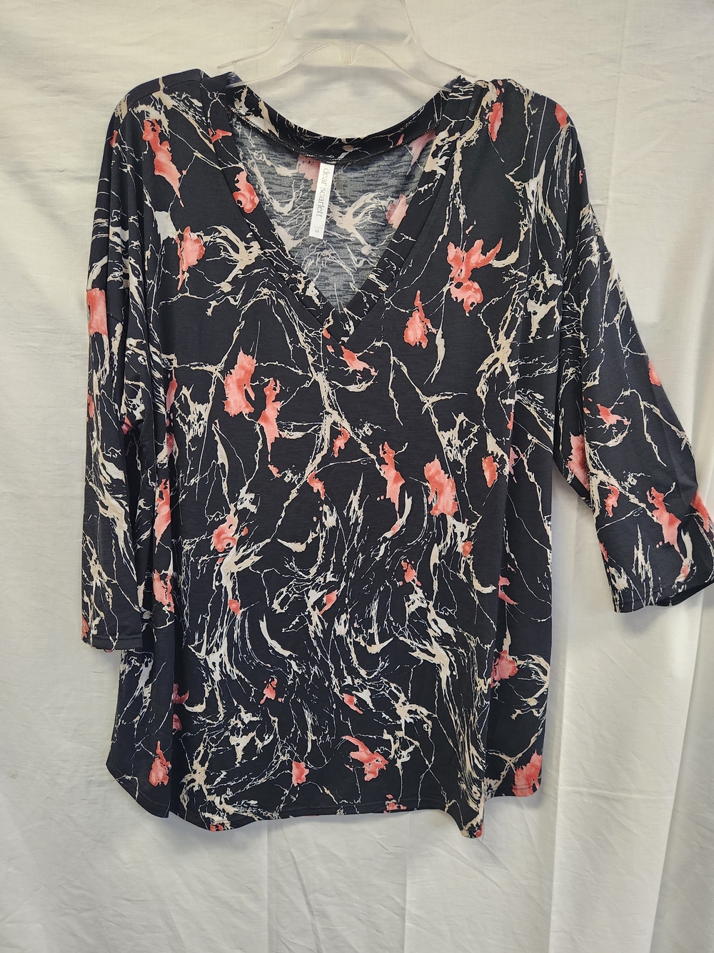 Savanna Jane Black Floral-Print V-Neck Blouse with Pink and Cream Accents